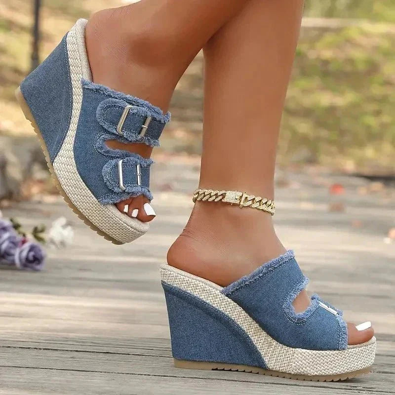 Zafira | Buckle Wedge Sandals with Denim Design