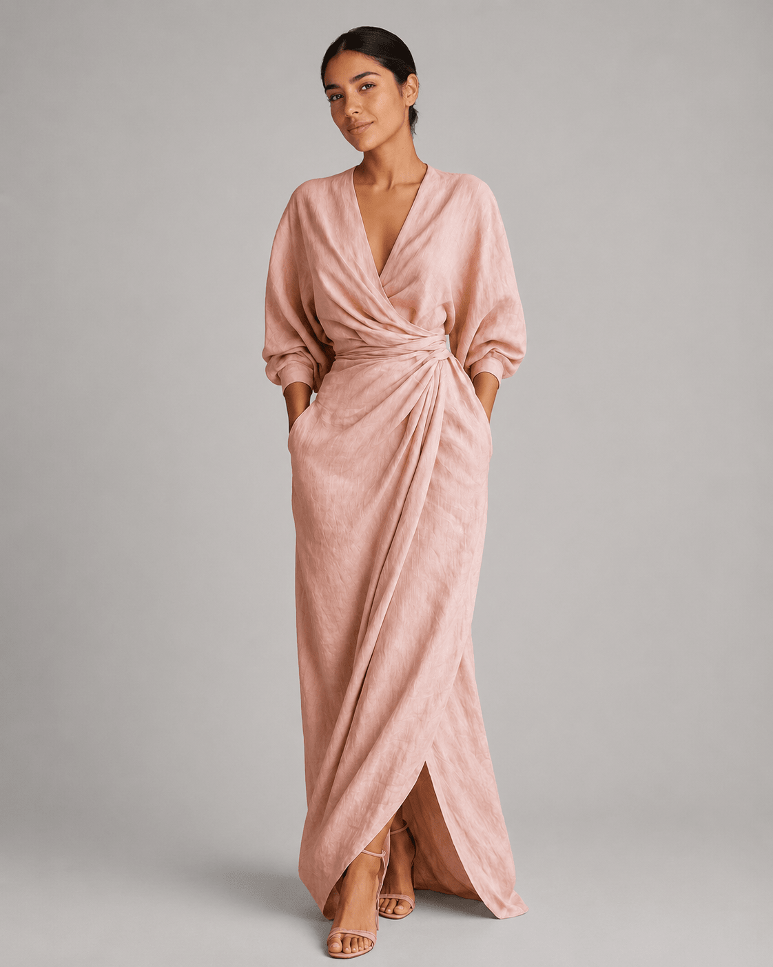V-Neck Linen Maxi Dress - Pink
