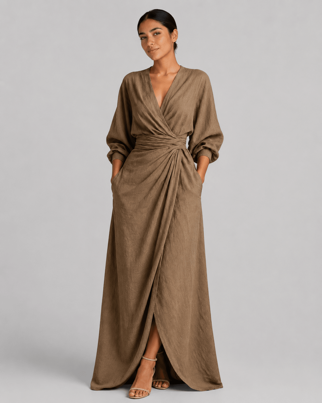 V-Neck Linen Maxi Dress - Brown