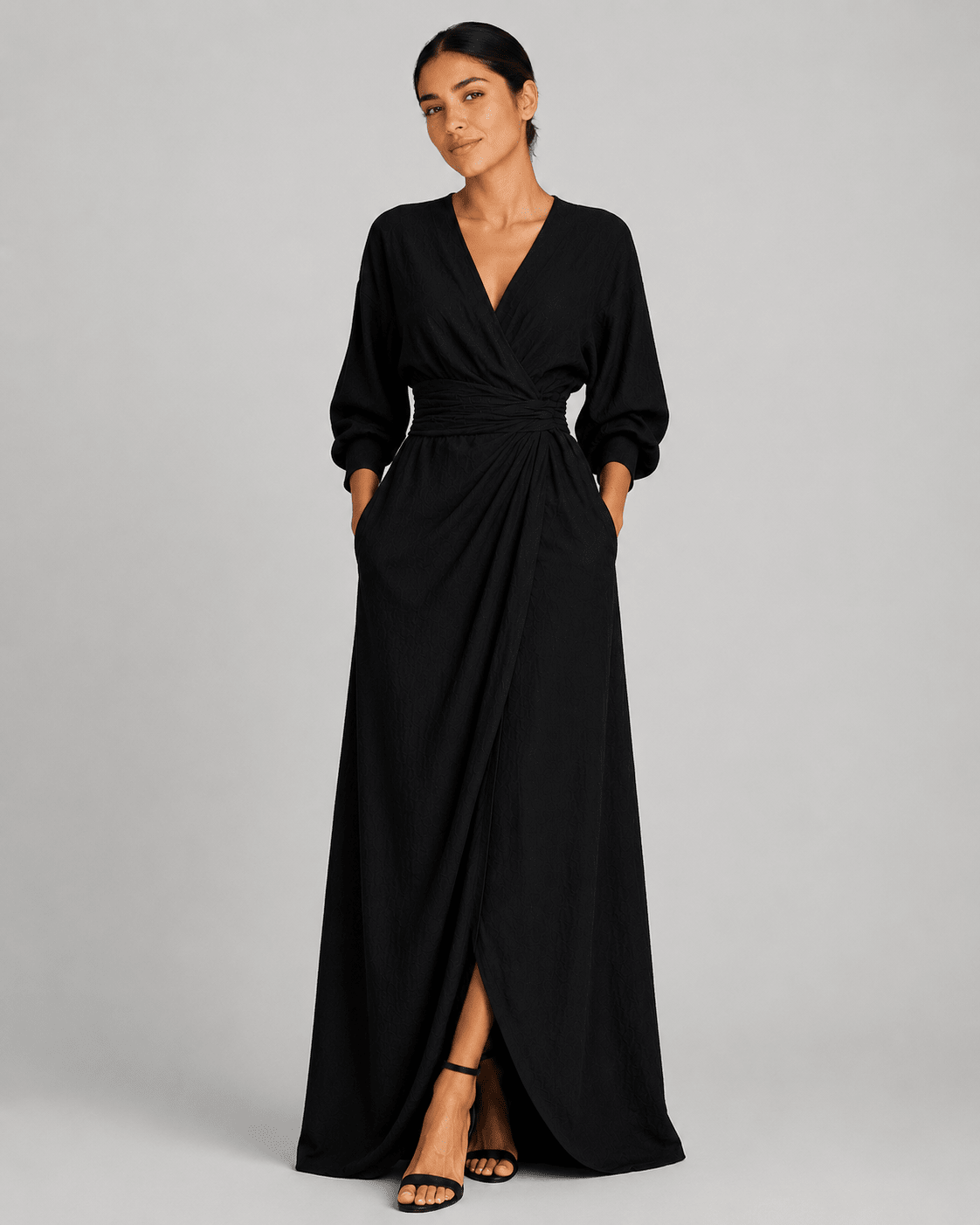 V-Neck Linen Maxi Dress - Black