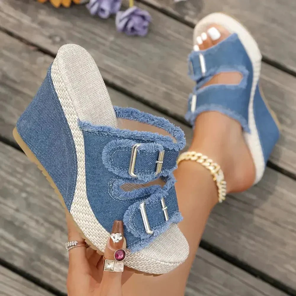 Zafira | Buckle Wedge Sandals with Denim Design