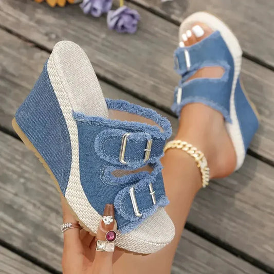 Zafira | Buckle Wedge Sandals with Denim Design