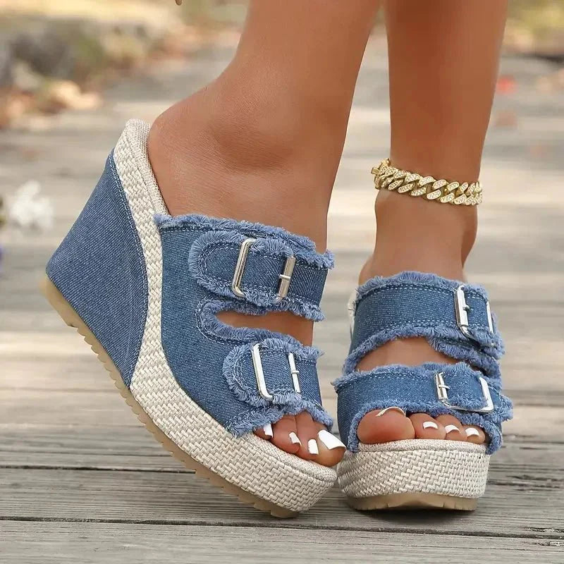 Zafira | Buckle Wedge Sandals with Denim Design