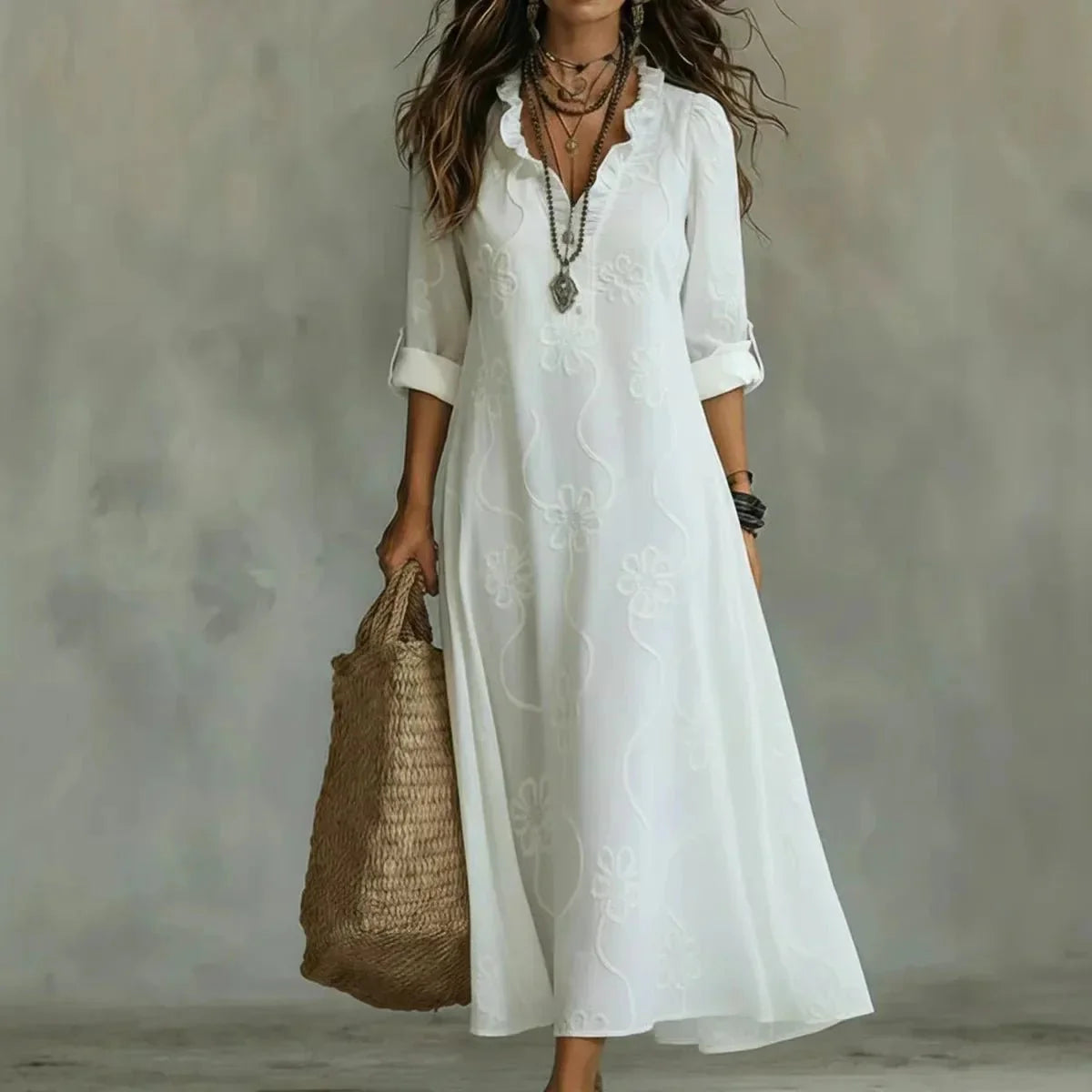 Sienna Floral Long Summer Dress - White