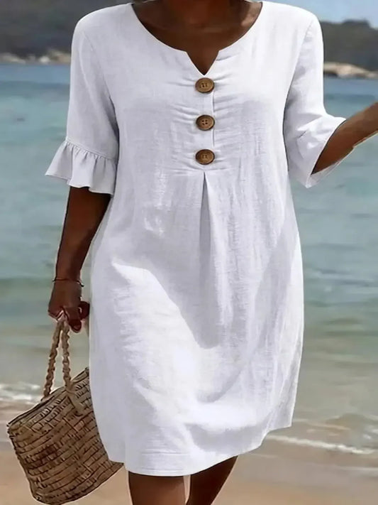 Vanesa | Linen Dress with Puffy Sleeves and Buttons